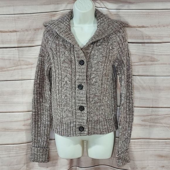 GAP cardigan sweater collared cable knit button front marled brown khaki tan M - Picture 1 of 8